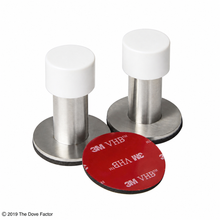 Load image into Gallery viewer, Two stainless steel magnetic floor anchors with white plastic caps and black rubber bases, shown with a red 3M VHA adhesive pad on a white background.