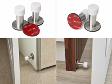 Load image into Gallery viewer, A 2x2 collage showing door stoppers in use and packaged. The top row shows two stainless steel and white door stoppers with red 3M VHB adhesive pads on a white background.