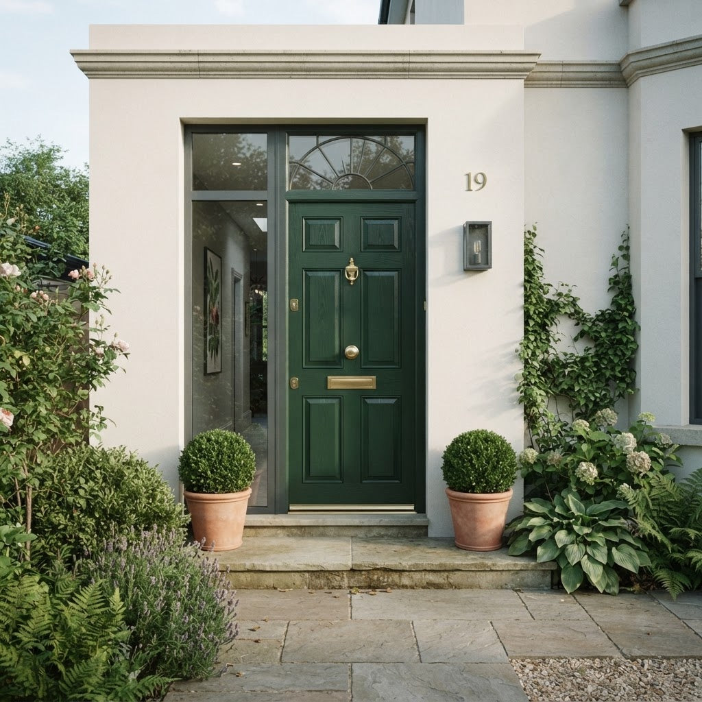A racing-green Palladio door with brass hardware