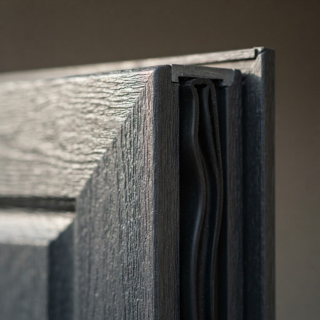 A woodgrain-embossed skin with sealed, weather-tight edges.