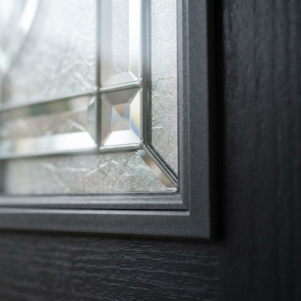 Precision-set decorative glass with a crisp, flush glazing bead.