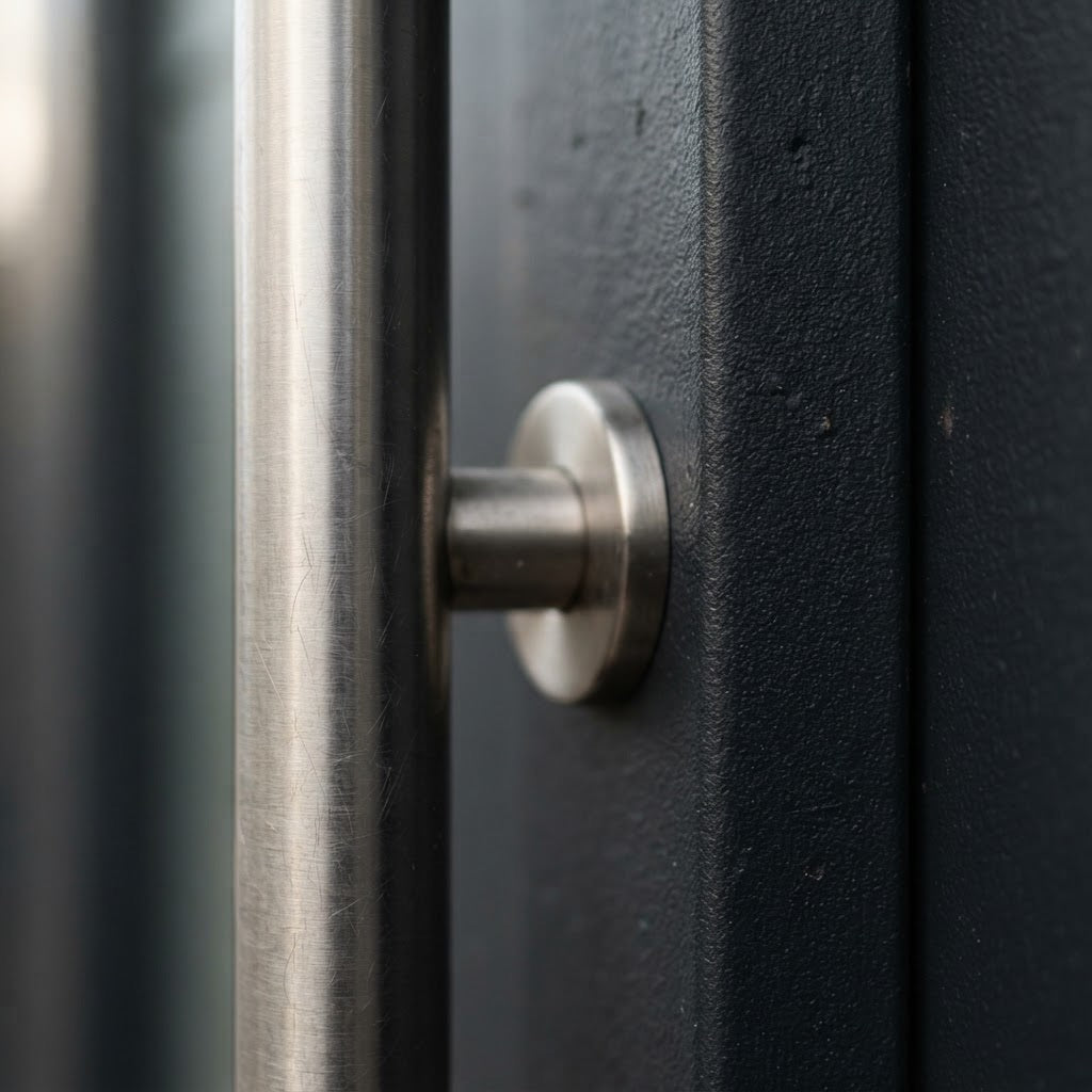 Stainless-steel door furniture is available in brushed-steel and other finishes. Selected marine-grade furniture carries a five-year anti-corrosion guarantee.