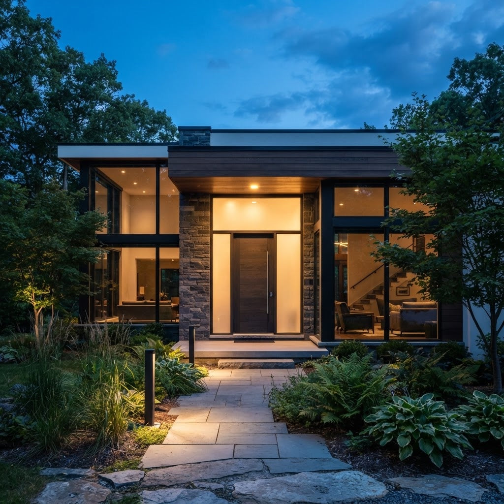 A modern home at dusk with a Palladio front door