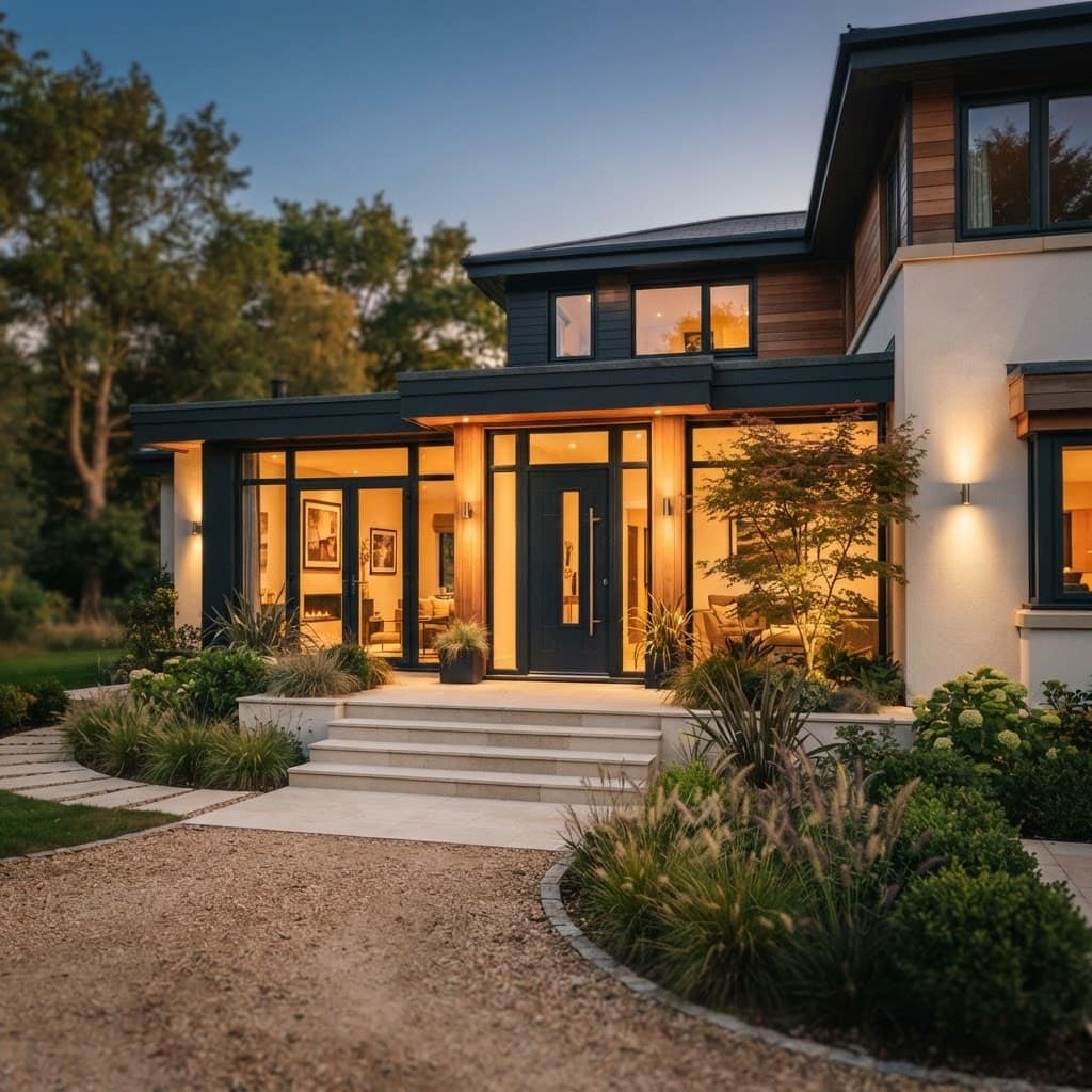 A contemporary home at golden hour with a Palladio composite front door