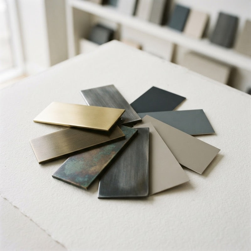 Architectural metal finish samples on a pale surface