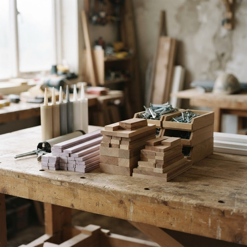 Building and installation products arranged on a workshop bench
