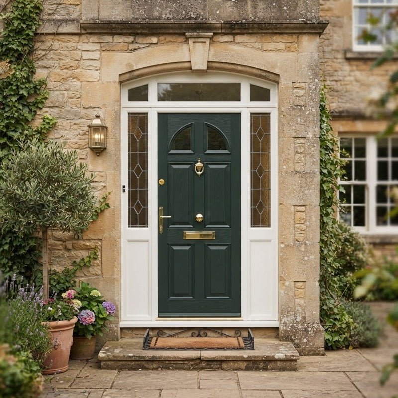 Dark green composite front door in a stone entrance