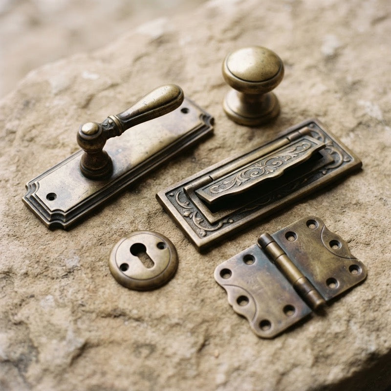 Traditional brass door furniture arranged on a stone surface