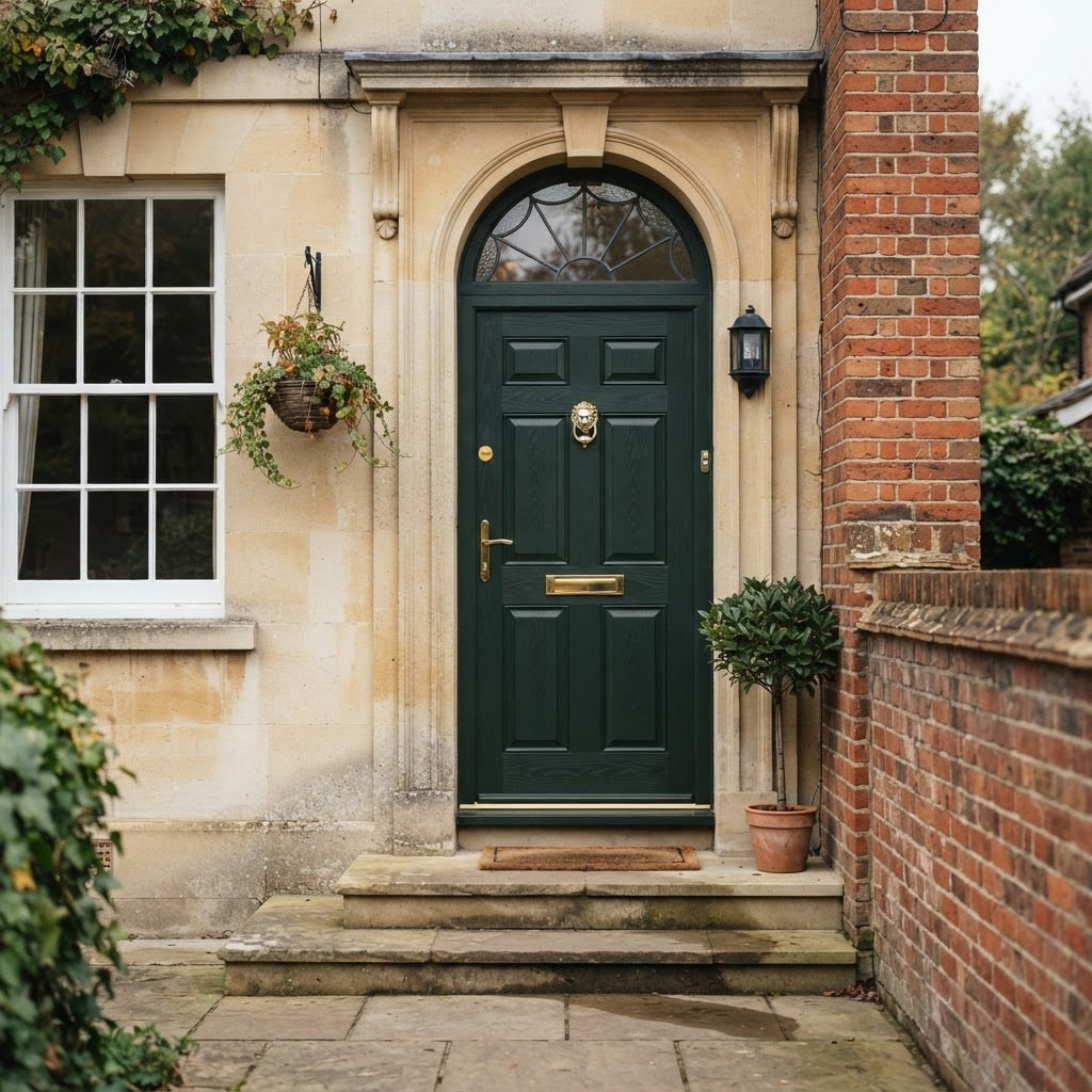 A dark green front door with brass hardware in a traditional British entrance