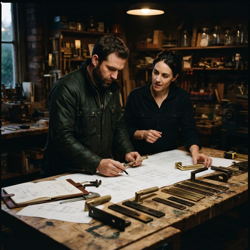 Two building professionals reviewing plans and door hardware in a workshop